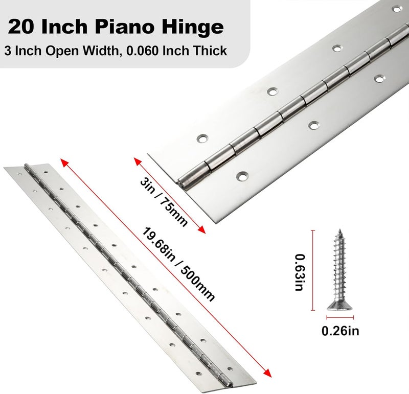 FVSEC Heavy Duty Piano Hinge 20 Inch x 3 Inch Width, True 0.060'' Thick Stainless Steel Piano Hinge for Heavy Duty Cabinet, Door, Toolbox, Wooden Box, Metal Plate, Furniture, Industrial Project - Image 2